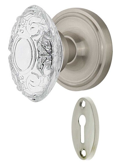 Classic Rosette Mortise-Lock Set with Victorian Crystal-Glass Knobs in Satin Nickel.